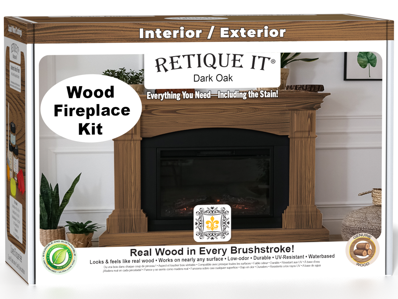 Retique It® Fireplace Wood'n Finish Kit in Dark Oak stain, complete for full fireplace refurbishment, shown in packaging with stain samples.