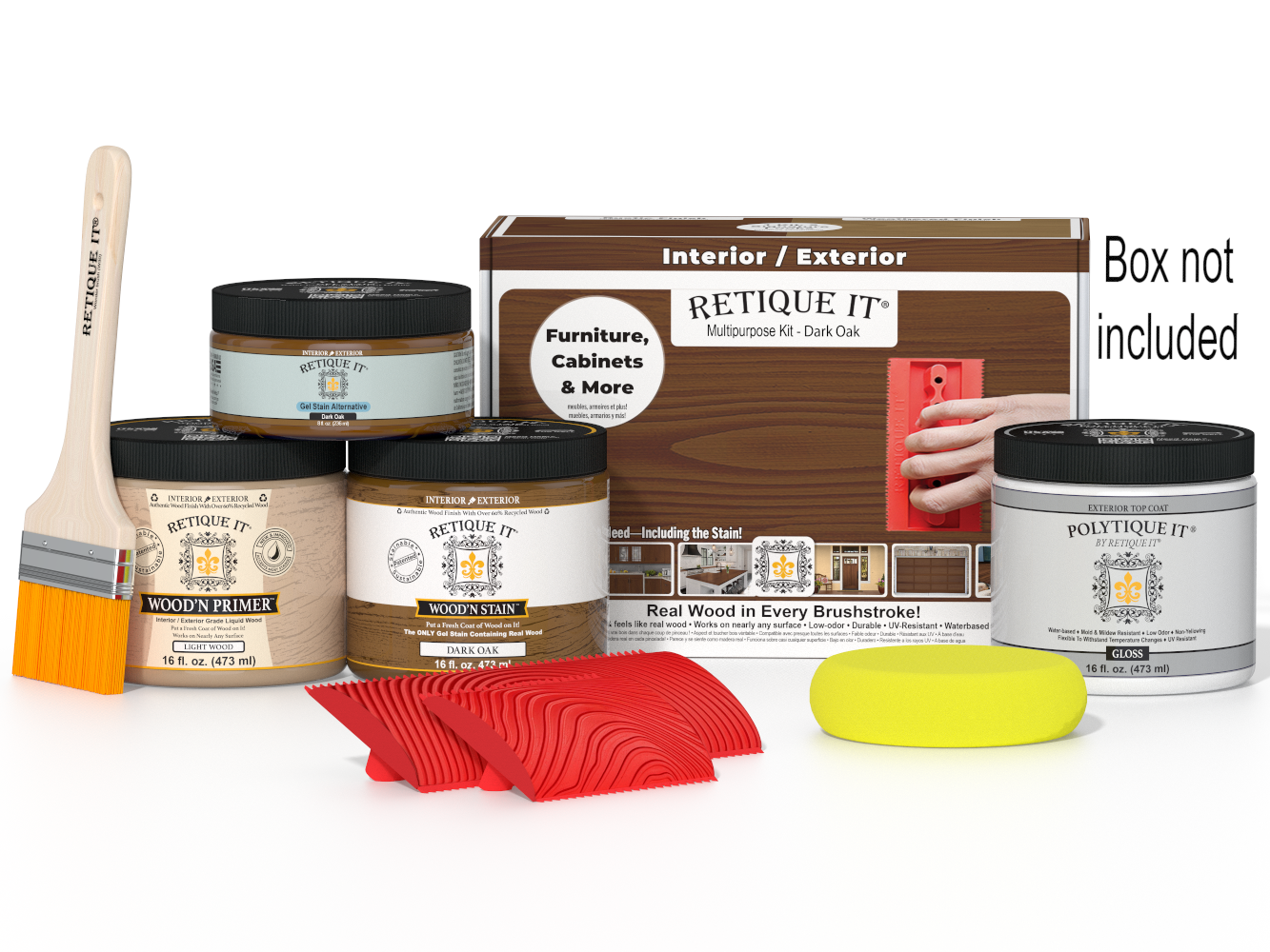 Retique It® Wood'n Kit (Med) in Dark Oak for exterior wood finishing, includes top coat and application tools.