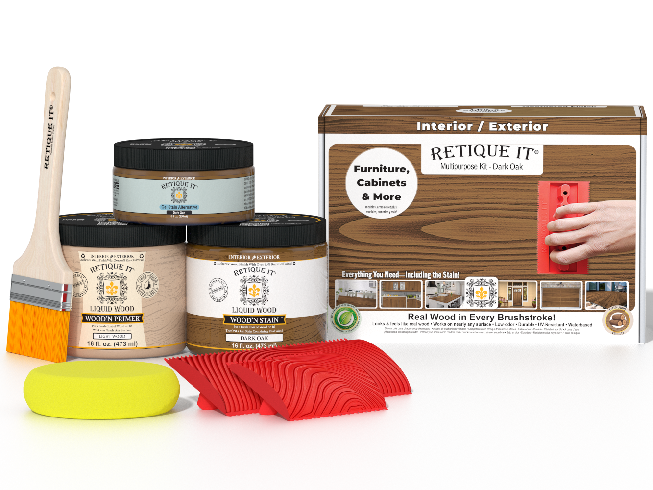 Medium dark oak Wood'n Finish Kit by Retique It® for multi-purpose wood finishing projects, shown in the product image.