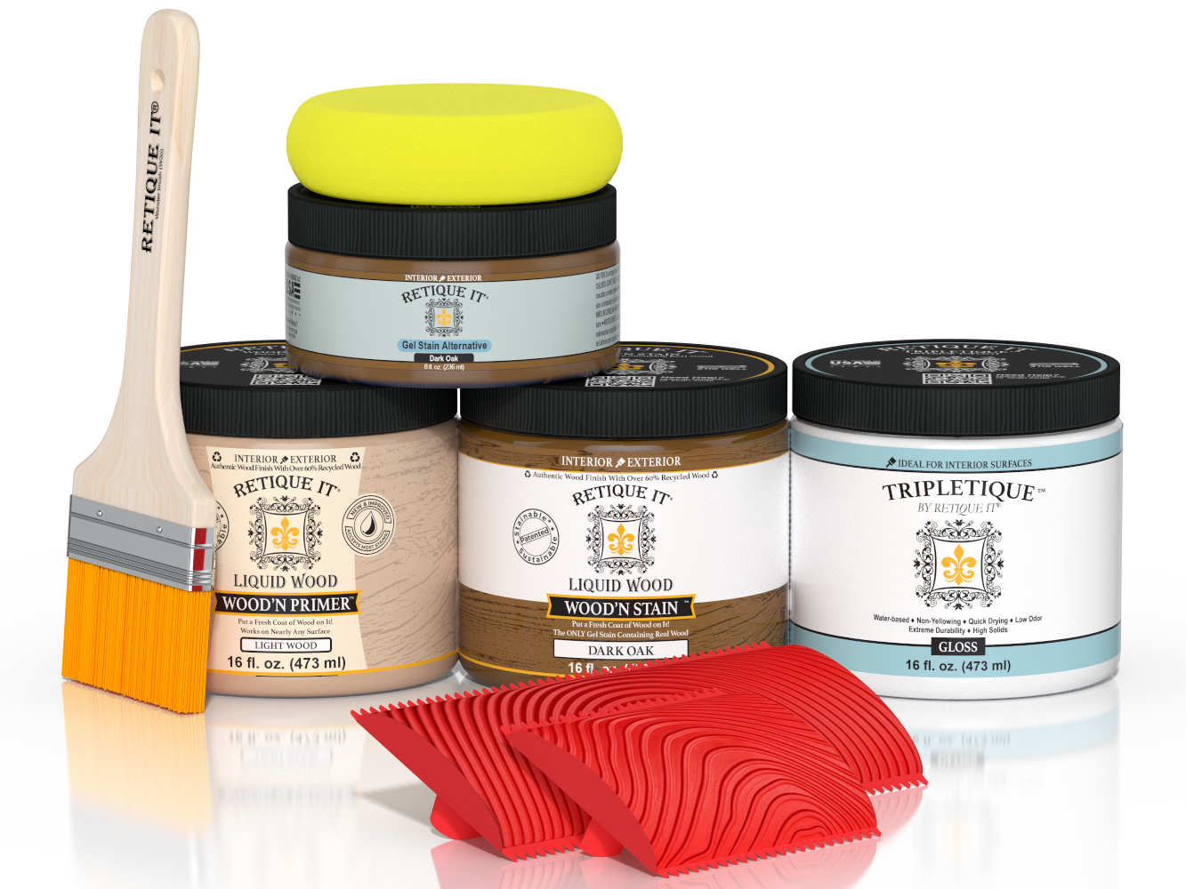 Dark oak wood finish kit by Retique It® for interior top coating, featuring a multi-purpose Wood'n Kit in glossy finish.