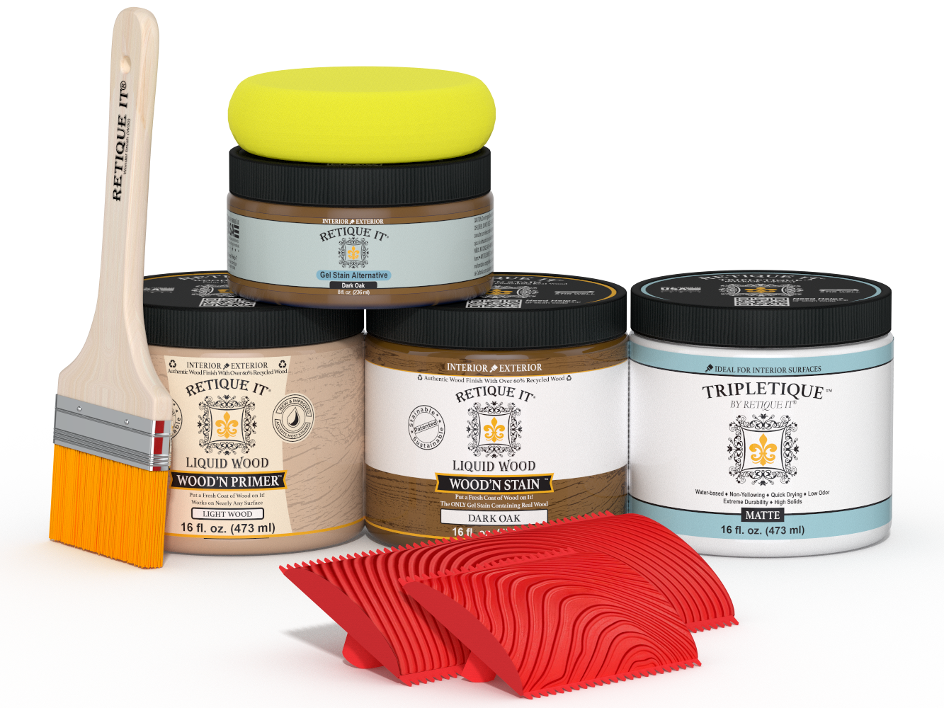 Retique It® Wood'n Kit in Dark Oak with matte top coat, showing the wood finish and application tools for interior woodworking projects.