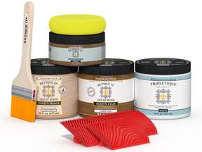 Retique It® Wood'n Kit in Dark Oak with matte top coat, showing the wood finish and application tools for interior woodworking projects.