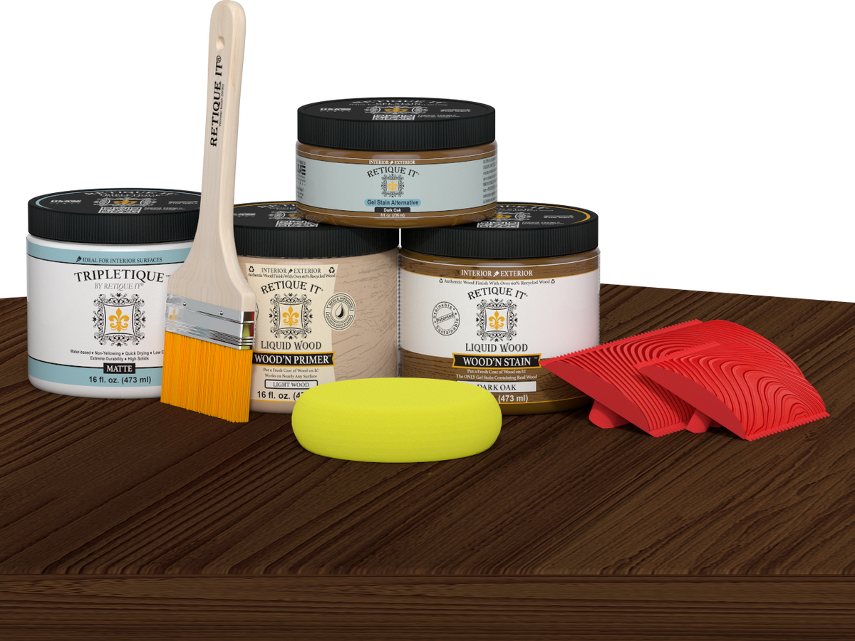 Dark oak countertop kit by Retique It® for kitchen island, featuring stain application on a wooden surface.
