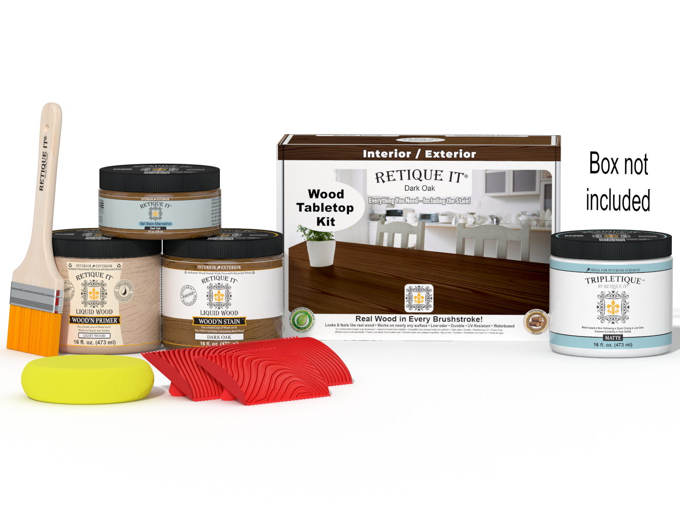 Retique It® Wood'n Finish Kit Double Size in Dark Oak stain, showing stain bottles and application tools on a tabletop.