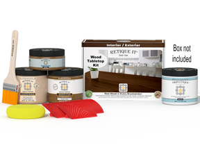 Retique It® Wood'n Finish Kit Double Size in Dark Oak stain, showing stain bottles and application tools on a tabletop.