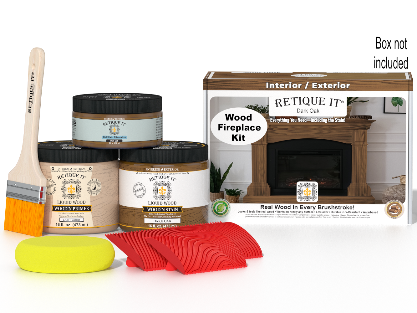 Retique It® Fireplace Wood'n Finish Kit in Dark Oak stain showing a full fireplace with stain application and wood finish details.