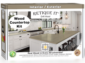 Retique It® Drift Wood countertop kit for kitchen islands, featuring stain options and natural wood grain appearance.
