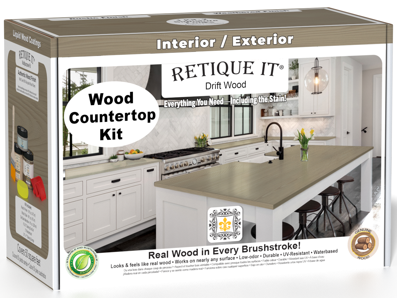 Retique It® Drift Wood countertop kit for kitchen island, featuring stain application and natural wood finish.
