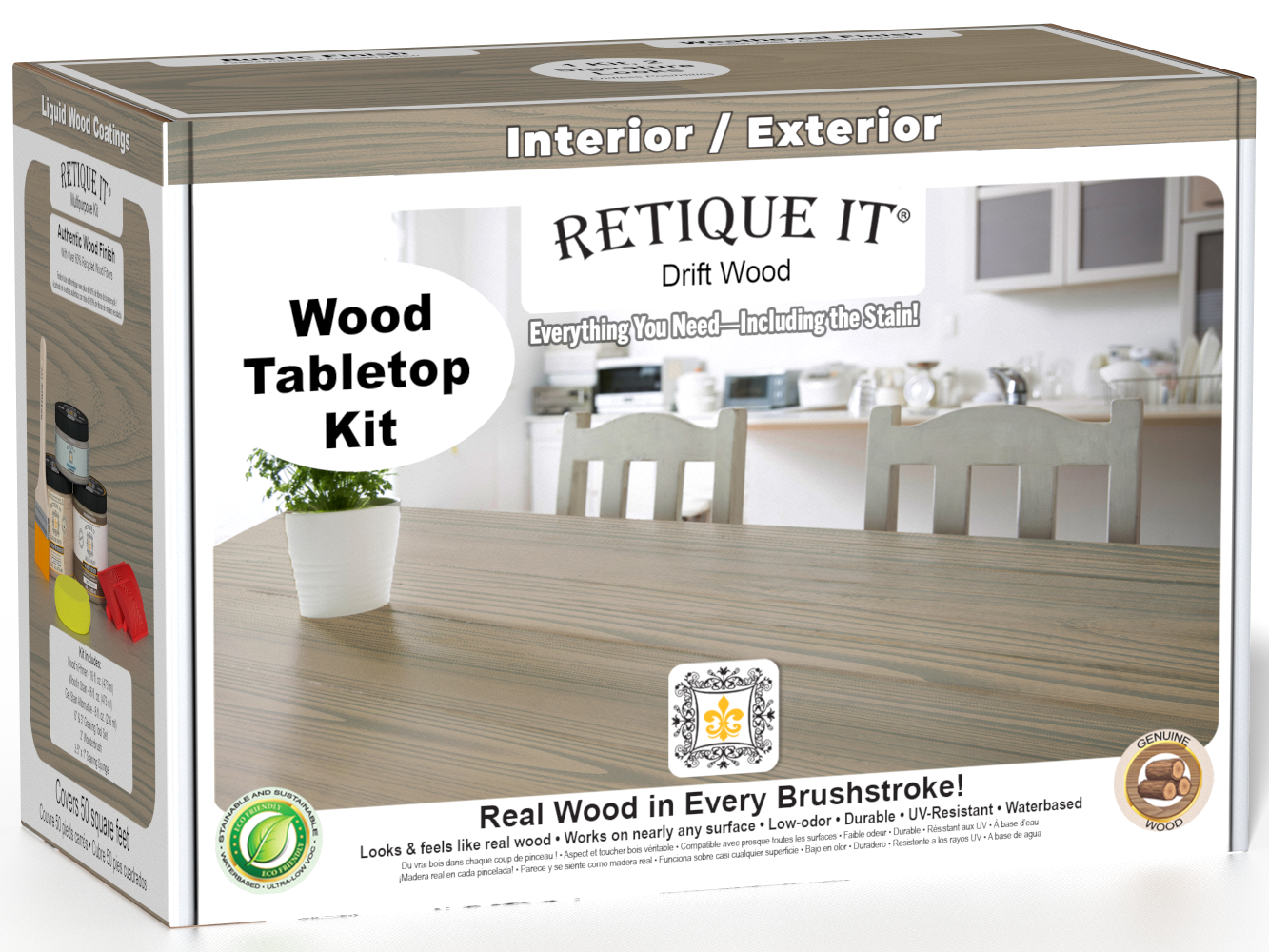 Retique It Wood'n Finish Kit in Drift Wood stain, double size, featuring wood stain bottles and application tools on a wooden surface.