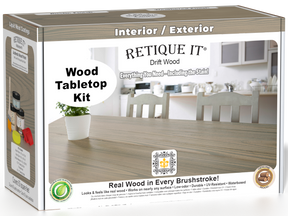 Retique It Wood'n Finish Kit in Drift Wood stain, double size, featuring wood stain bottles and application tools on a wooden surface.