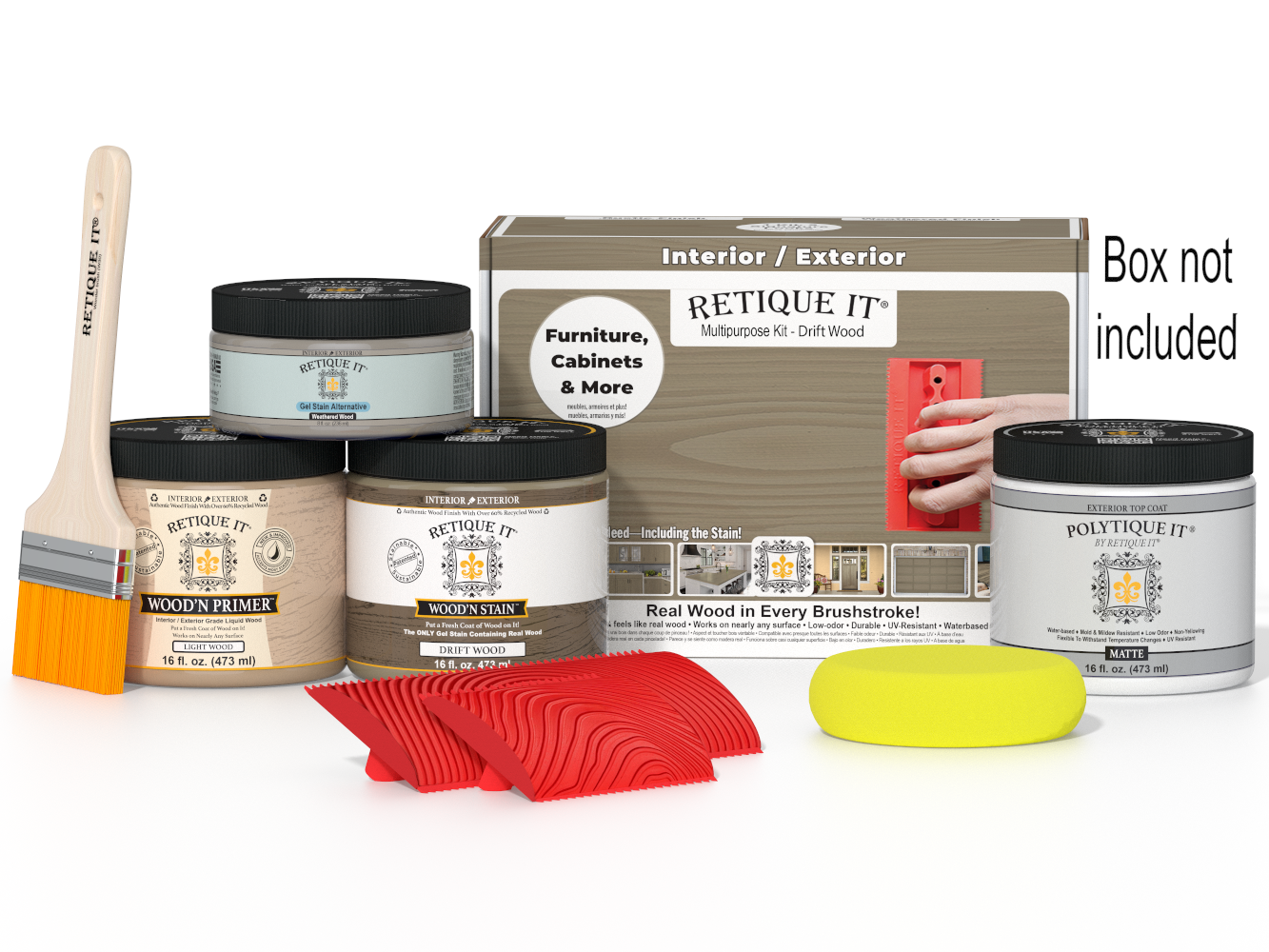 Retique It® Wood'n Finish Kit in Drift Wood for exterior projects, includes wood top coat and application tools in a compact box.