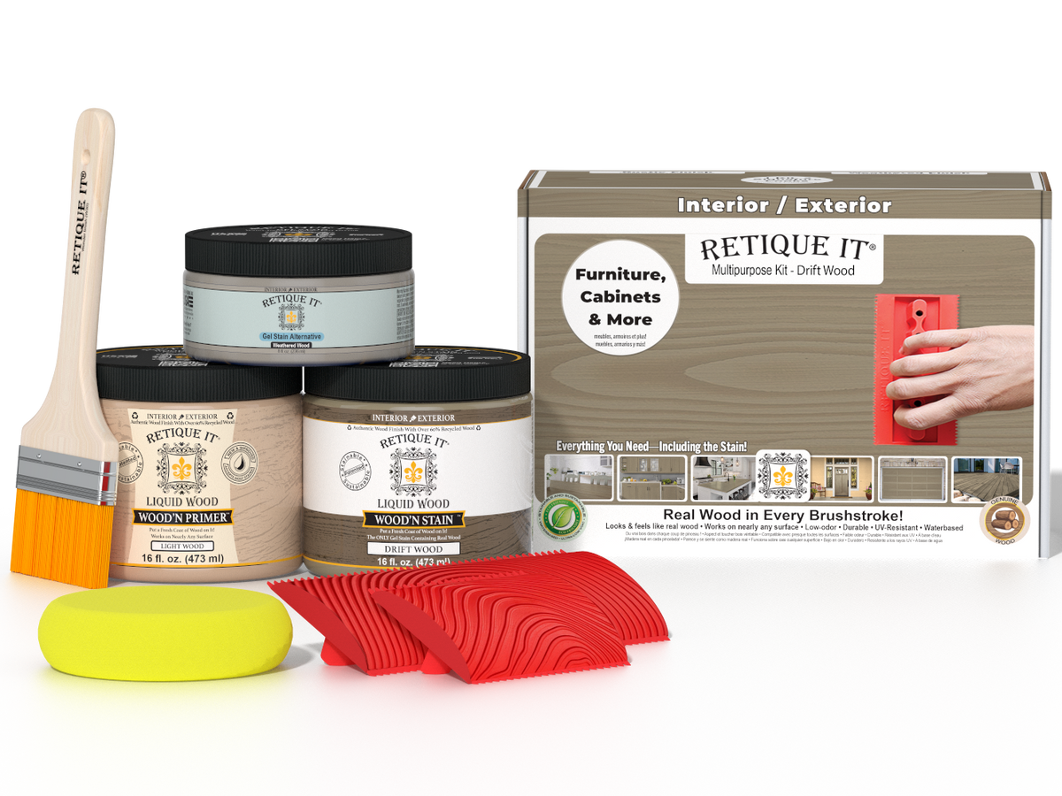 Multi-purpose Wood'n Kit by Retique It® in Drift Wood finish, featuring various wood finishing tools and products.