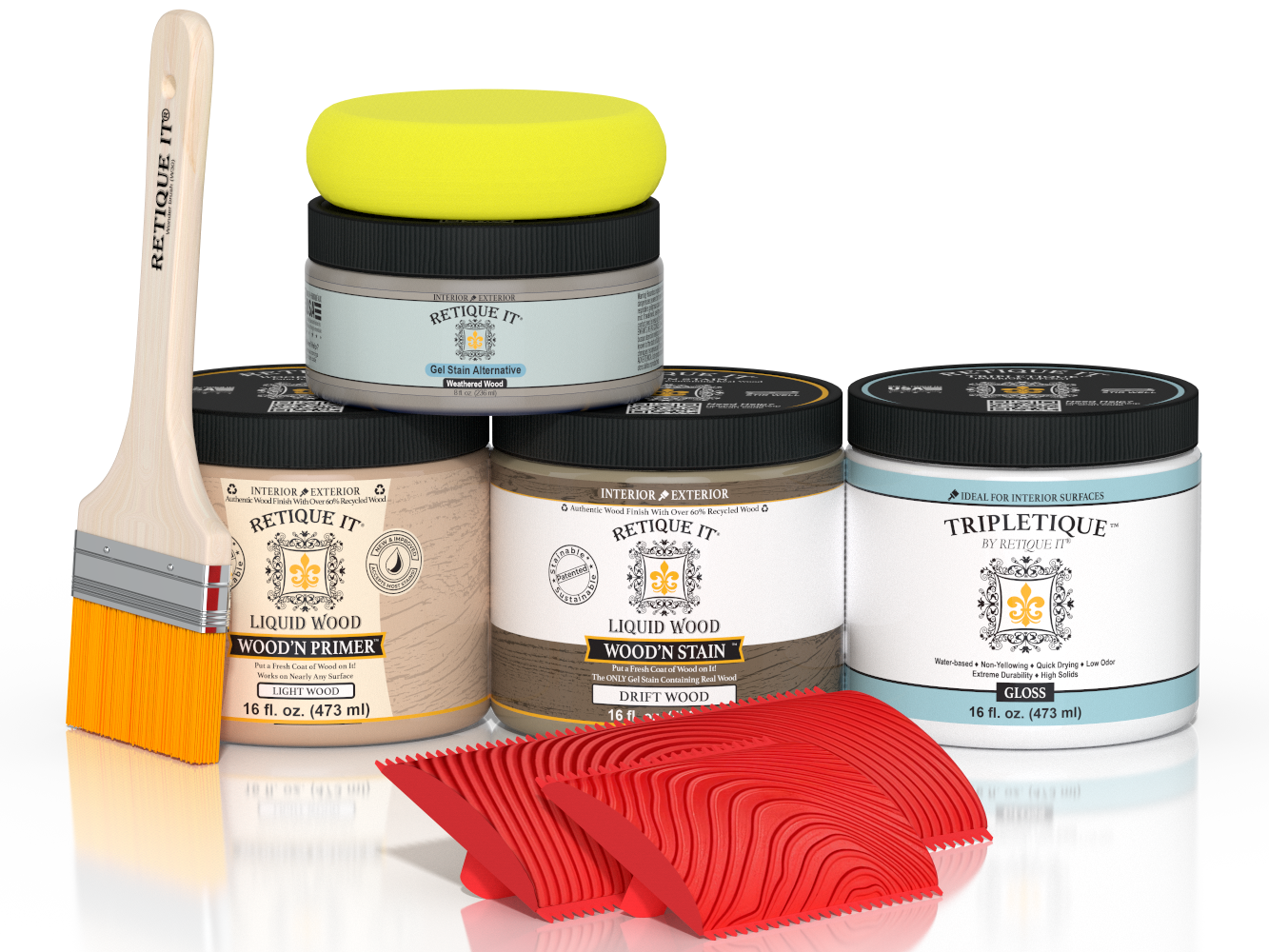 Gloss finish of Retique It® Wood'n Kit in driftwood for interior wood projects, showing the medium-sized kit with applicator.
