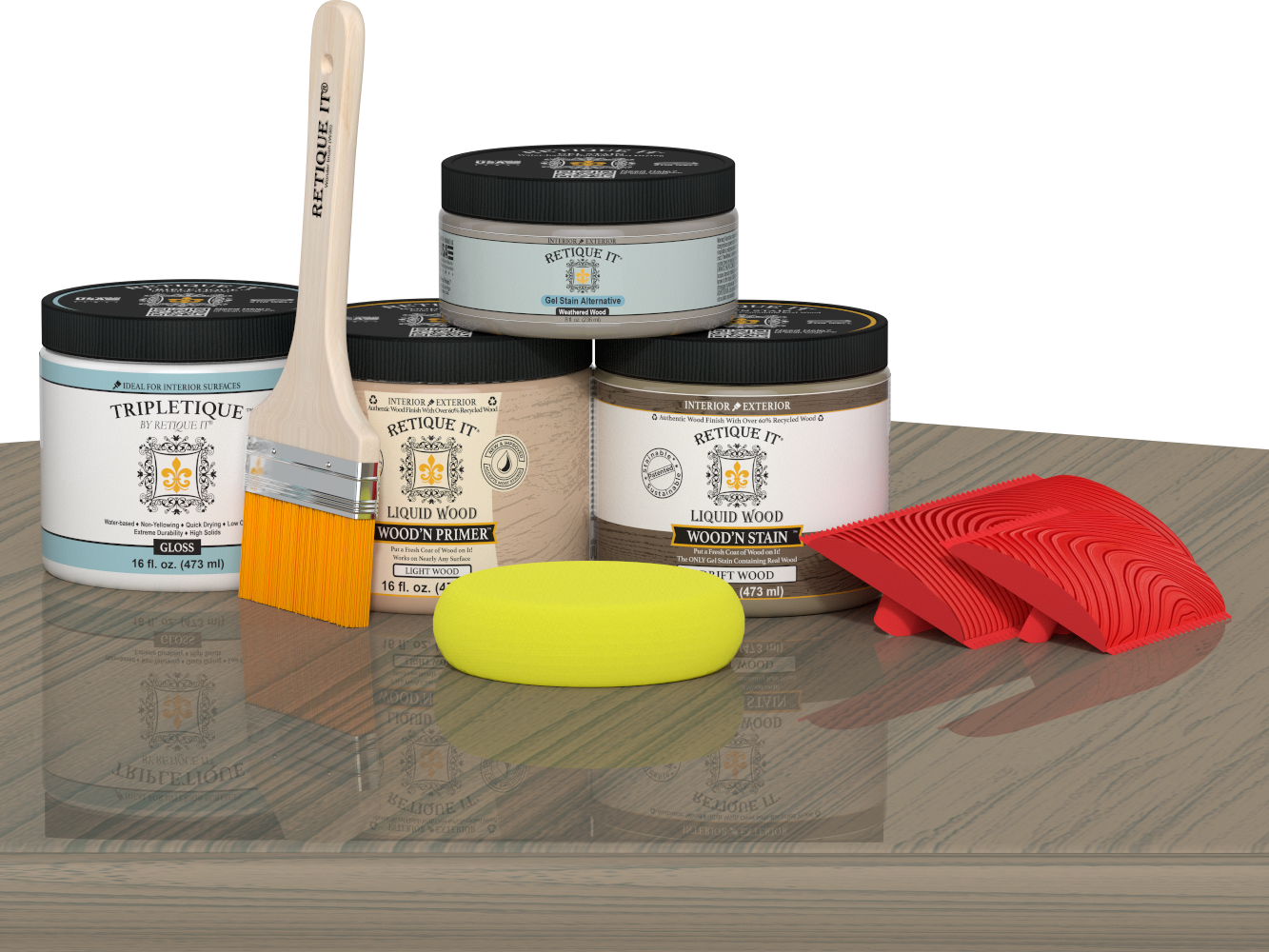 Retique It Wood'n Finish Kit in Drift Wood stain, double size, with wood sample and applicator on a table surface.