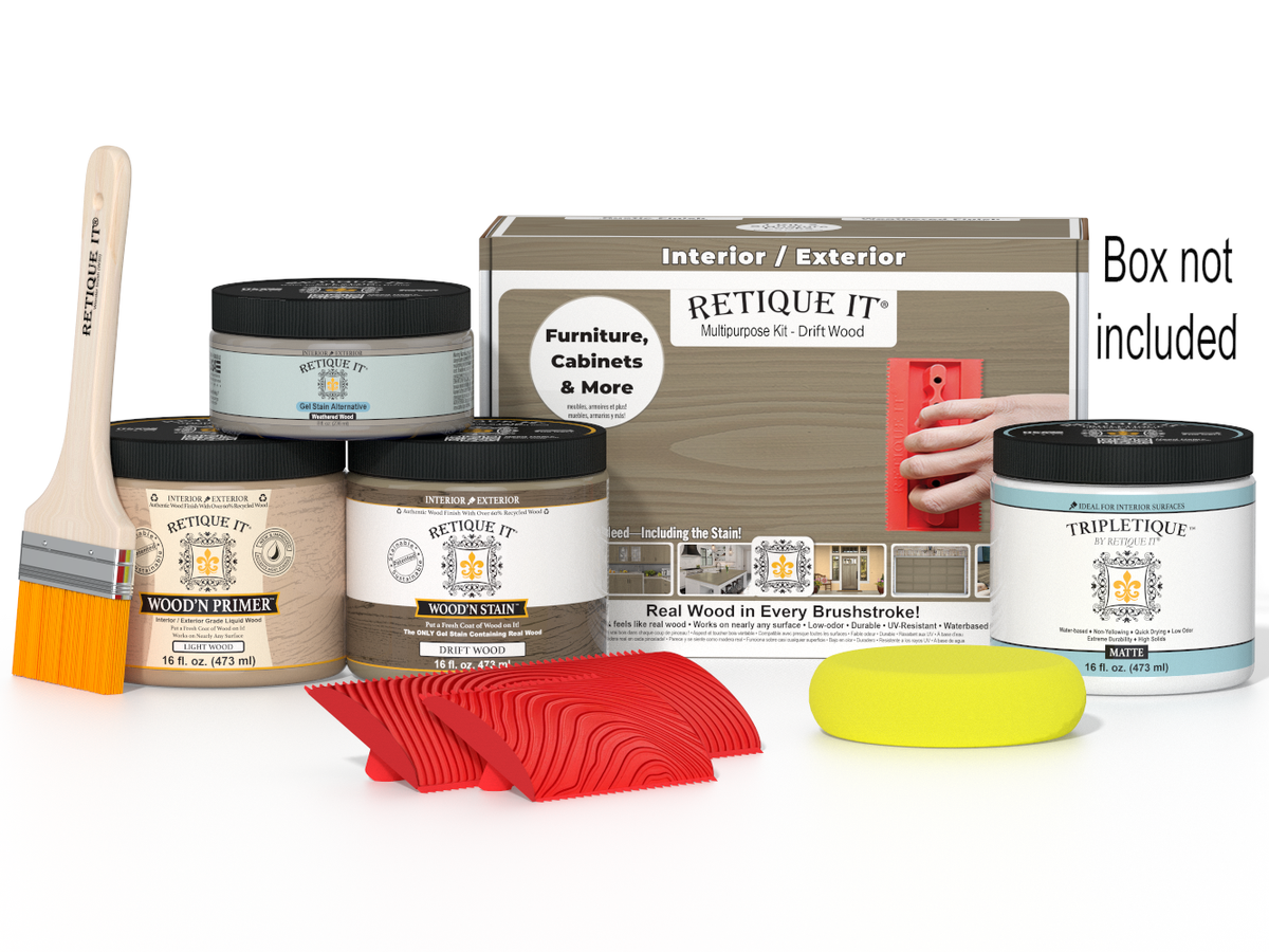Retique It® Wood'n Finish Kit in Drift Wood for interior top coat, featuring brushes and supplies in a compact box.