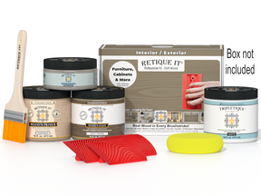 Retique It® Wood'n Finish Kit in driftwood color with interior top coat for multi-purpose wood finishing, shown in the box.