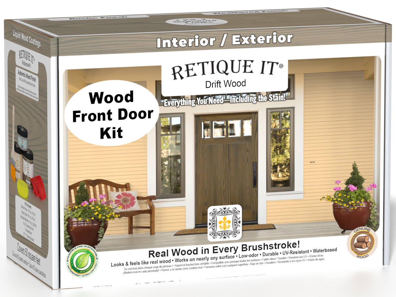 Retique It Wood'n Finish Front Door Kit in Drift Wood stain, showing the kit components for wood finishing and door enhancement.