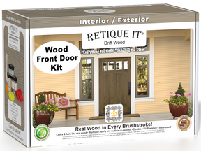 Retique It Wood'n Finish Front Door Kit in Drift Wood stain, showing the kit components for wood finishing and door enhancement.