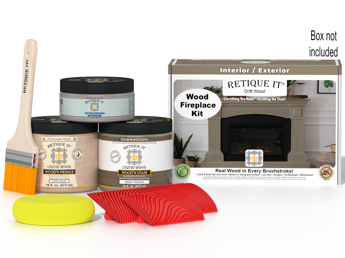 Retique It® Fireplace Wood'n Finish Kit in Drift Wood stain, showing a full fireplace with wood-toned finish and stain application tools