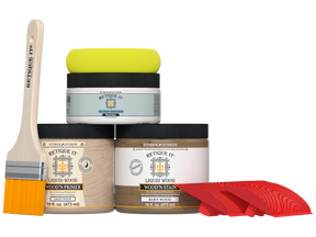 Multi-purpose Wood'n Kit in French oak finish by Retique It® for wood finishing and restoration, shown with wood and application tools.