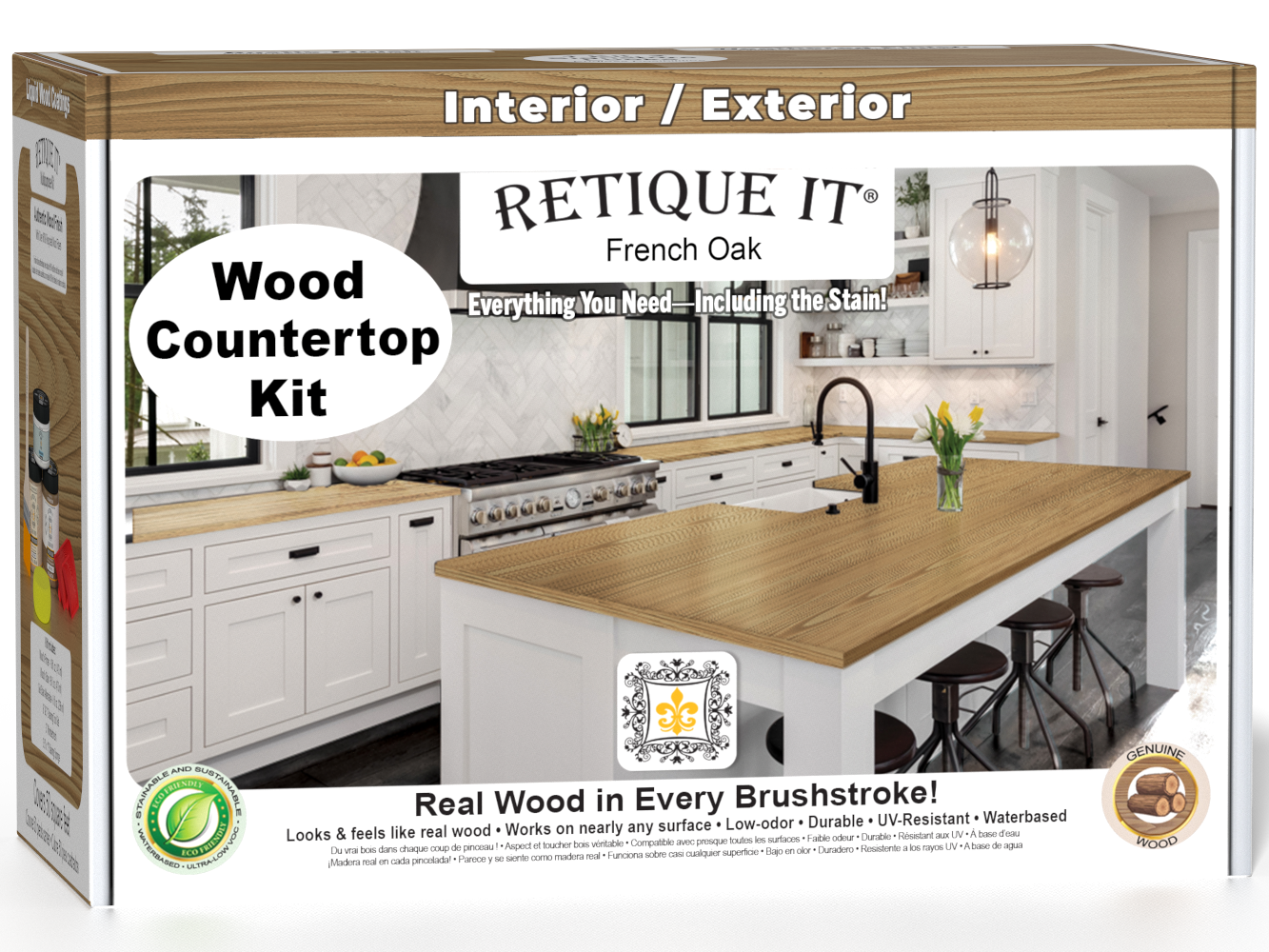 Retique It® French Oak countertop kit for kitchen islands, featuring stain options and a 3D view of the wood finish.