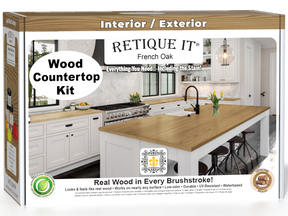 Retique It® French Oak countertop kit for kitchen islands, featuring stain options and a 3D view of the wood finish.