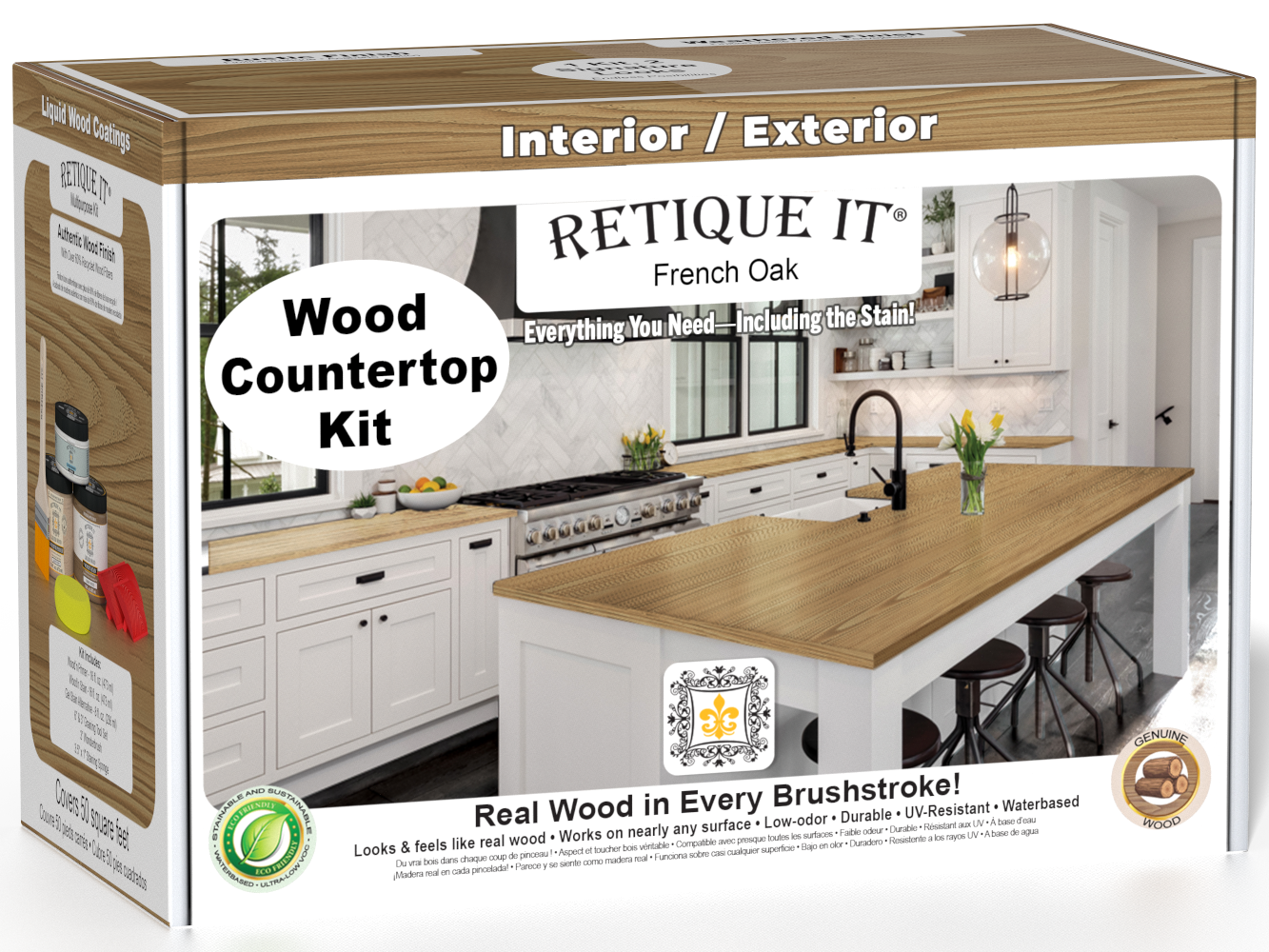 Retique It® French Oak countertop kit for kitchen island, featuring stain options and natural wood finish in a close-up view.