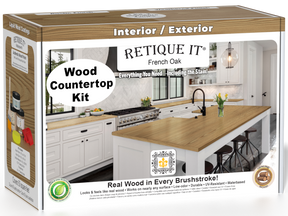 Retique It® French Oak countertop kit for kitchen island, featuring stain options and natural wood finish in a close-up view.