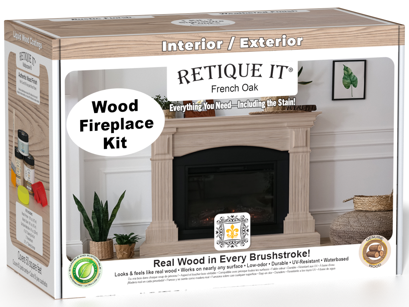Retique It® Fireplace Wood'n Finish Kit in French Oak stain, full fireplace application, showcasing wood stain and finishing tools.