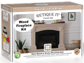 Retique It® Fireplace Wood'n Finish Kit in French Oak stain, full fireplace application, showcasing wood stain and finishing tools.