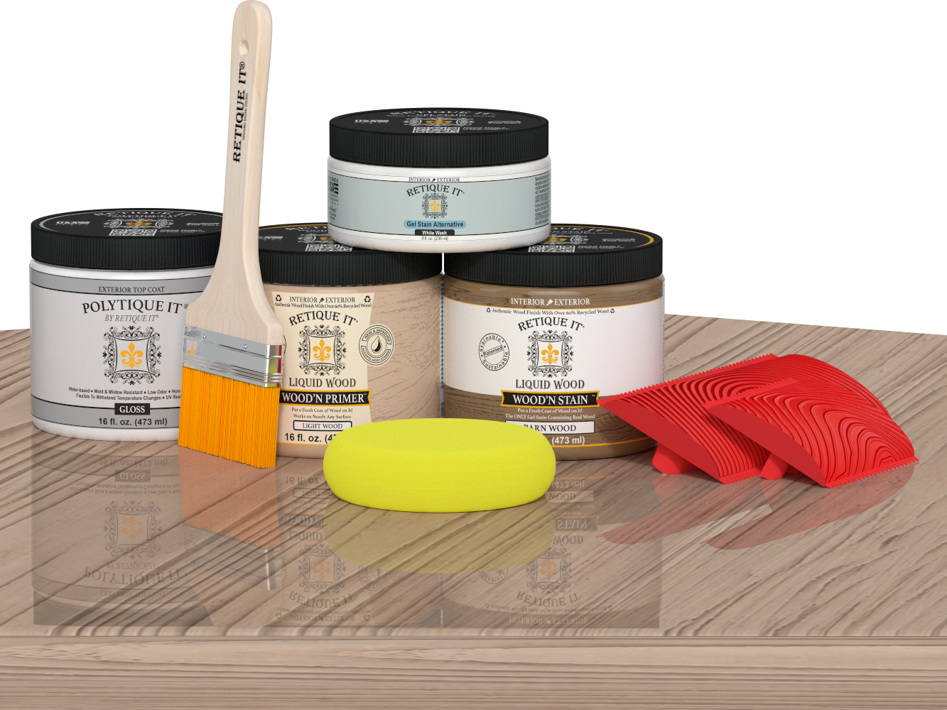 Multi-purpose Wood'n Kit by Retique It® with French Oak finish and exterior top coat, displayed on a table.