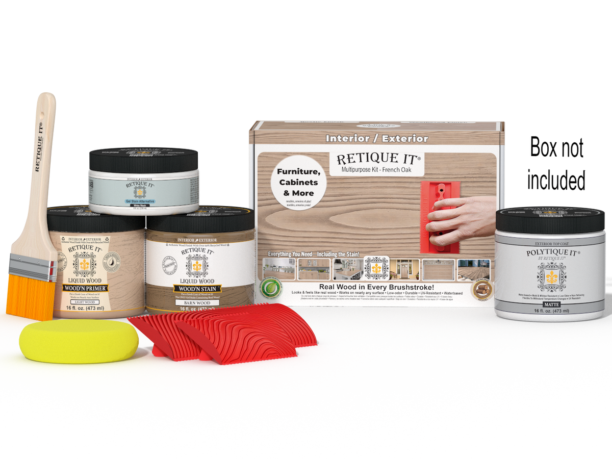 Retique It® Multi-purpose Wood'n Kit in French Oak for exterior top coat, includes wood finish supplies with box and application tools.