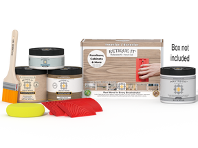 Retique It® Multi-purpose Wood'n Kit in French Oak for exterior top coat, includes wood finish supplies with box and application tools.