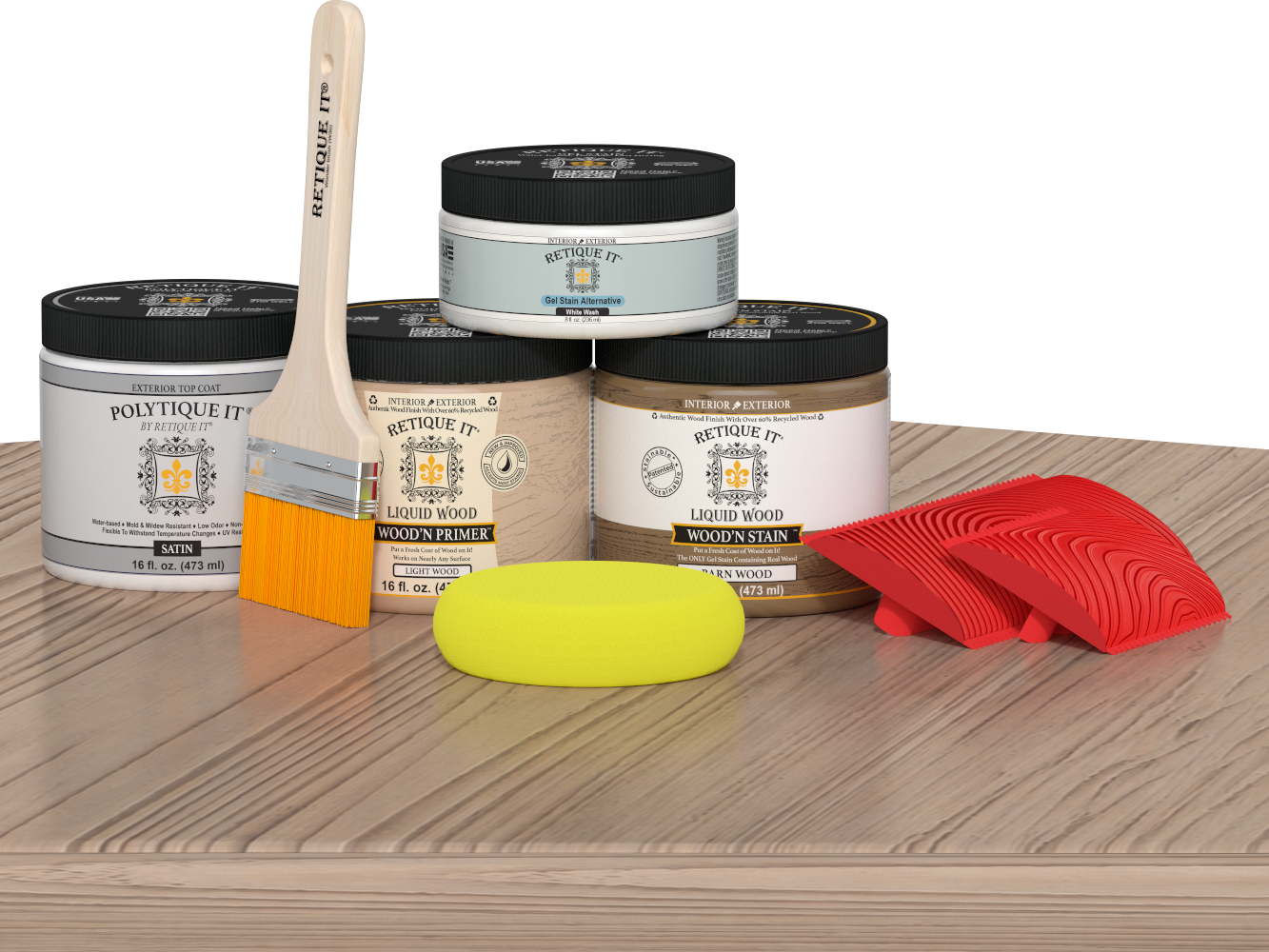 Retique It® Wood'n Kit in French Oak for exterior top coat, shown with wood finish components on a table.