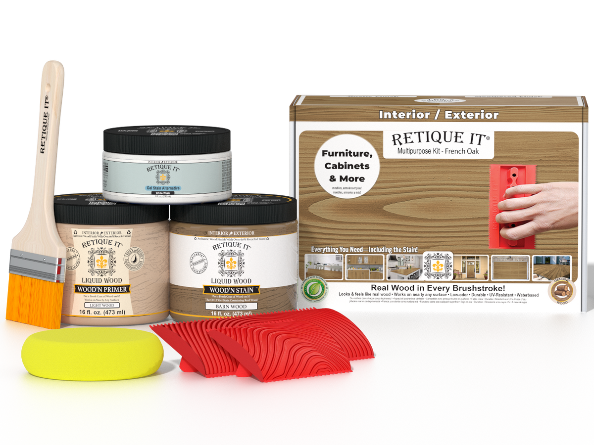 Multi-purpose Wood'n Kit in French oak finish by Retique It®, featuring wood stain, finish, and applicator tools for furniture.