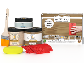 Multi-purpose Wood'n Kit in French oak finish by Retique It®, featuring wood stain, finish, and applicator tools for furniture.