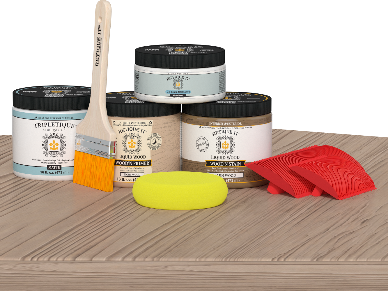 Retique It Wood'n Finish Kit in French Oak stain for tabletops, featuring double-sized stain bottles and application tools.