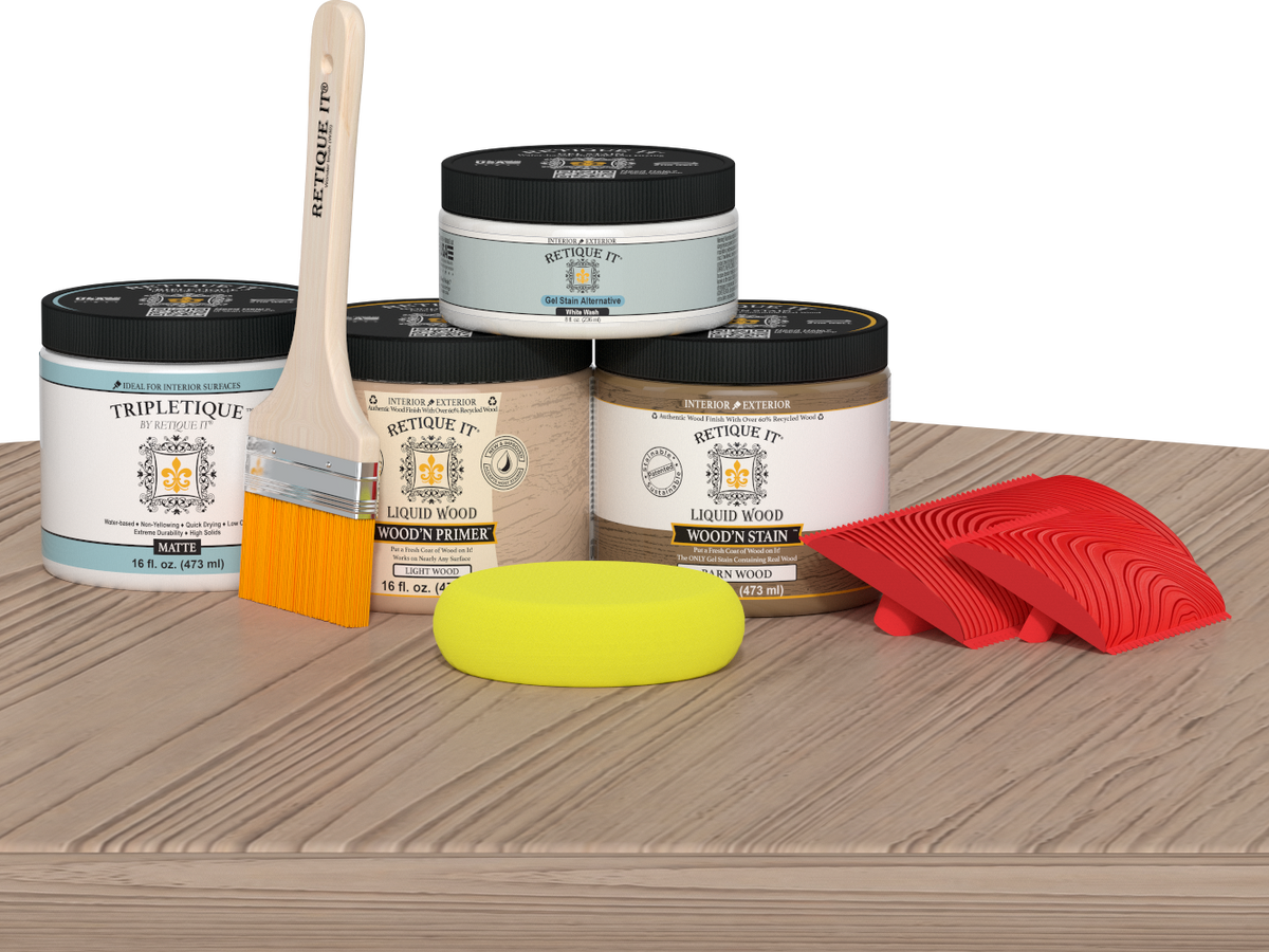 Retique It® French Oak countertop kit for kitchen islands with stain finish, shown on a modern kitchen table.