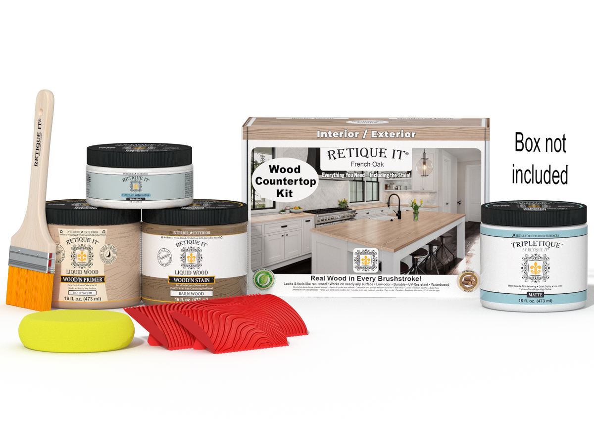 French oak kitchen island countertop stained with Retique It® countertop kit, showcasing natural wood grain and finish.