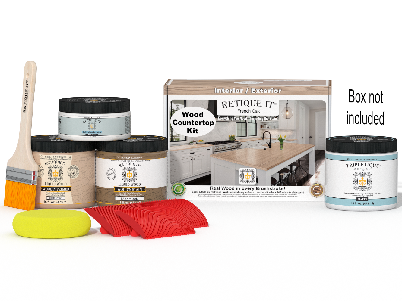 Retique It® French Oak countertop kit for kitchen islands with stain, featuring a natural wood finish and included accessories.