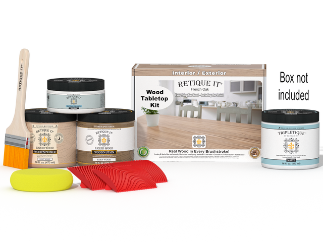 Retique It French Oak Wood'n Finish Kit for tabletops, double size stain set with application box and tools.