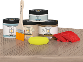Retique It® Wood'n Finish Kit in French Oak for interior top coat, featuring a multi-purpose wood finish set on a table.