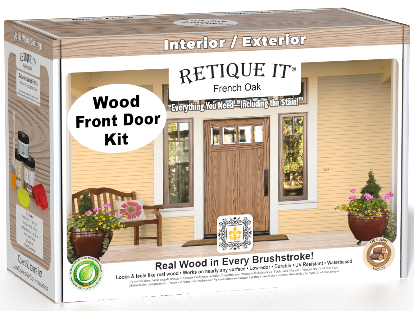 Retique It Wood'n Finish Front Door Kit in French Oak stain, showcasing the stained wooden front door with a natural oak finish.