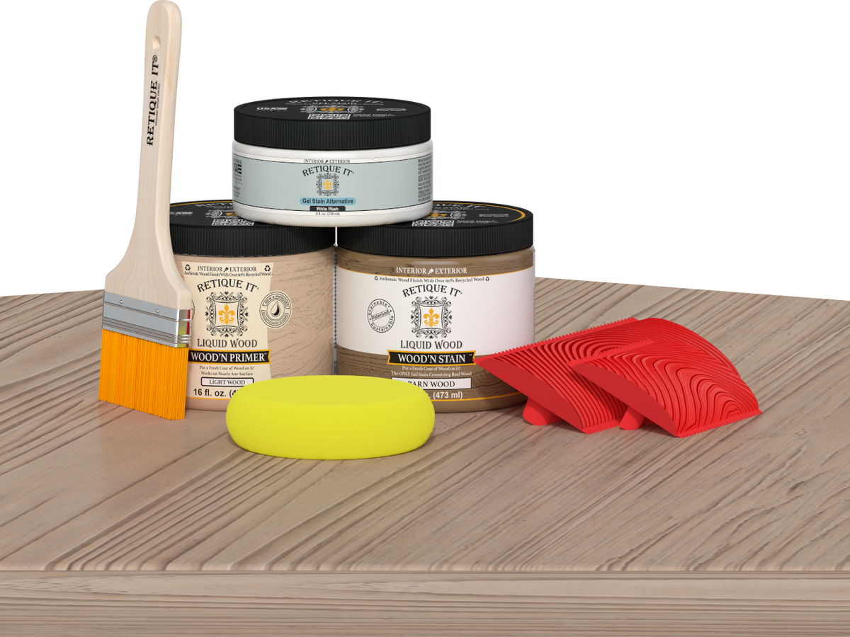 Multi-purpose Wood'n Kit (Med) in French oak finish by Retique It® showing the kit on a table surface for wood finishing projects.