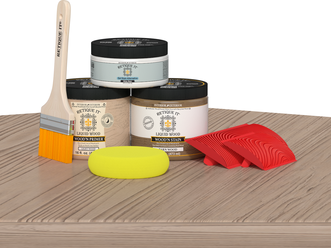 Retique It® Wood'n Kit in French oak finish, compact multi-purpose wood finishing kit displayed on a table.