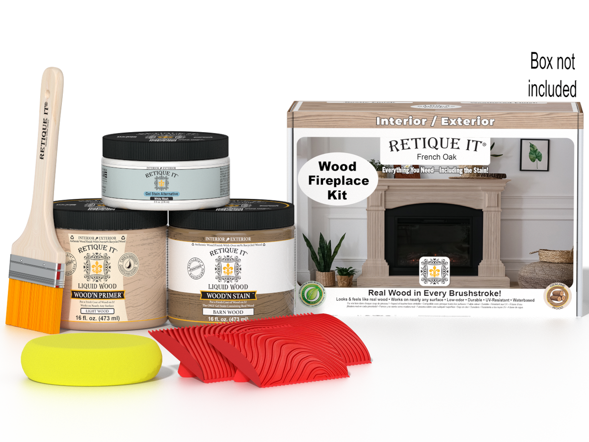 Retique It Fireplace Wood'n Finish Kit in French Oak stain, includes full fireplace stain set with wood finish products.