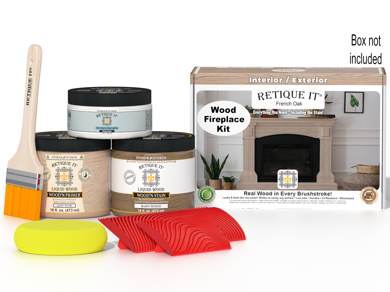 Retique It® Fireplace Wood'n Finish Kit in French Oak stain, includes full fireplace stain set with wood finish products.