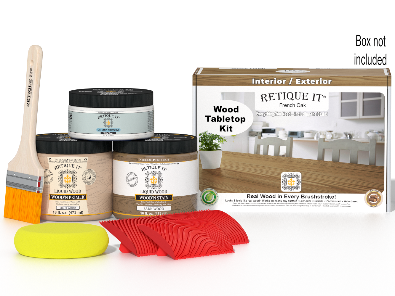 Retique It® Wood'n Finish Kit in French Oak stain for tabletops, includes stain bottles and application tools, double size.