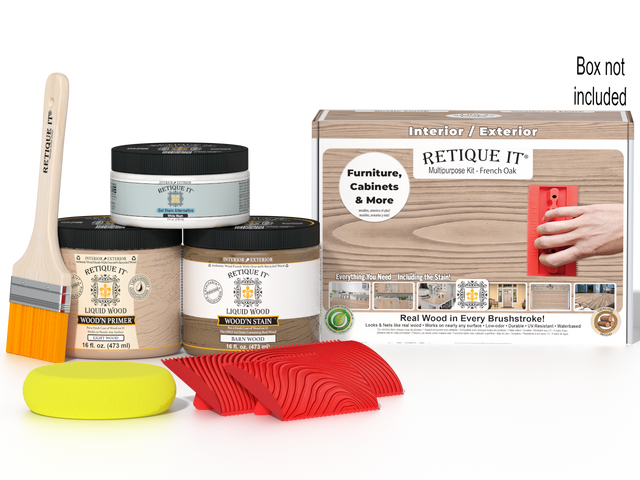 Retique It Wood'n Finish Kit in French oak for multi-purpose wood finishing, includes brushes and supplies in box.