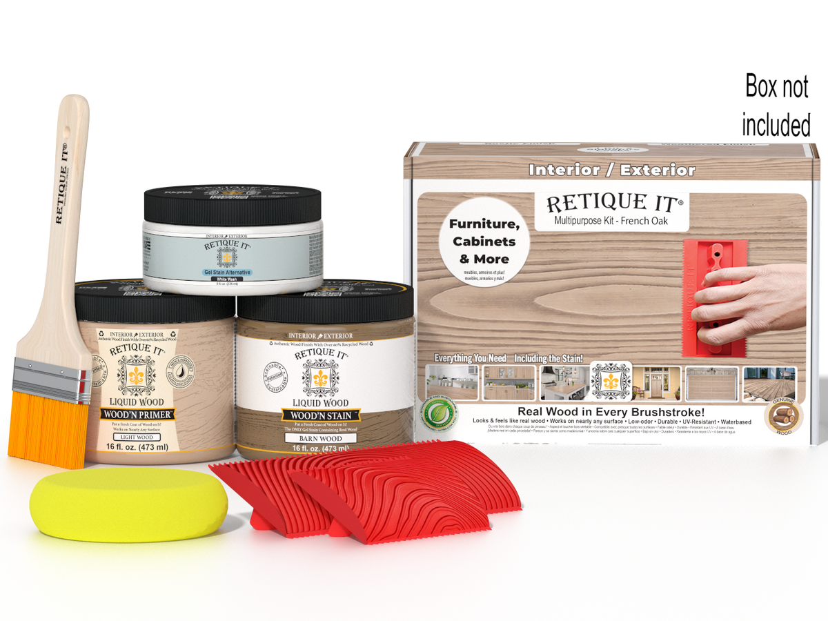 Multi-purpose Wood'n Kit in French oak by Retique It® with wood finish supplies and tools in a box.